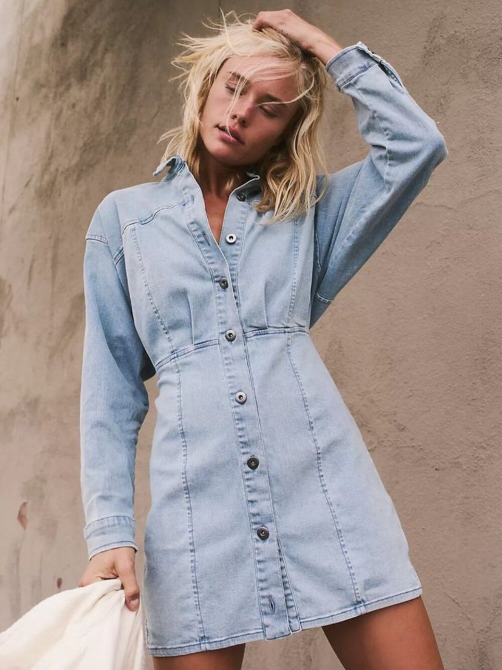 Free People Light Wash Denim Mini Dress — Long Sleeve (14)
